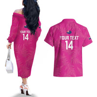 Custom New Zealand Silver Fern Rugby Couples Matching Off The Shoulder Long Sleeve Dress and Hawaiian Shirt Go Aotearoa - Pink Version