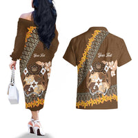 Personalised Tonga Language Week Couples Matching Off The Shoulder Long Sleeve Dress and Hawaiian Shirt Malo e Lelei Tongan Ngatu Pattern - Brown