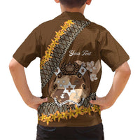 Personalised Tonga Language Week Family Matching Off Shoulder Maxi Dress and Hawaiian Shirt Malo e Lelei Tongan Ngatu Pattern - Brown LT14 - Polynesian Pride