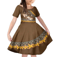 Personalised Tonga Language Week Family Matching Off Shoulder Maxi Dress and Hawaiian Shirt Malo e Lelei Tongan Ngatu Pattern - Brown LT14 Daughter's Dress Brown - Polynesian Pride