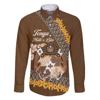 Personalised Tonga Language Week Family Matching Off Shoulder Maxi Dress and Hawaiian Shirt Malo e Lelei Tongan Ngatu Pattern - Brown LT14 Dad's Shirt - Long Sleeve Brown - Polynesian Pride