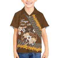 Personalised Tonga Language Week Family Matching Off Shoulder Maxi Dress and Hawaiian Shirt Malo e Lelei Tongan Ngatu Pattern - Brown LT14 Son's Shirt Brown - Polynesian Pride