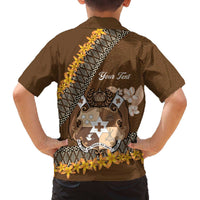Personalised Tonga Language Week Family Matching Off Shoulder Short Dress and Hawaiian Shirt Malo e Lelei Tongan Ngatu Pattern - Brown LT14 - Polynesian Pride