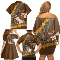 Personalised Tonga Language Week Family Matching Off Shoulder Short Dress and Hawaiian Shirt Malo e Lelei Tongan Ngatu Pattern - Brown LT14 - Polynesian Pride