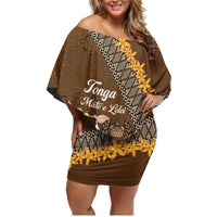 Personalised Tonga Language Week Family Matching Off Shoulder Short Dress and Hawaiian Shirt Malo e Lelei Tongan Ngatu Pattern - Brown LT14 Mom's Dress Brown - Polynesian Pride