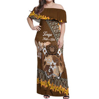 Personalised Tonga Language Week Off Shoulder Maxi Dress Malo e Lelei Tongan Ngatu Pattern - Brown LT14 Women Brown - Polynesian Pride