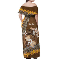 Personalised Tonga Language Week Off Shoulder Maxi Dress Malo e Lelei Tongan Ngatu Pattern - Brown LT14 - Polynesian Pride