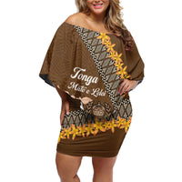 Personalised Tonga Language Week Off Shoulder Short Dress Malo e Lelei Tongan Ngatu Pattern - Brown LT14 Women Brown - Polynesian Pride