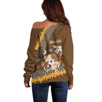 Personalised Tonga Language Week Off Shoulder Sweater Malo e Lelei Tongan Ngatu Pattern - Brown LT14 - Polynesian Pride