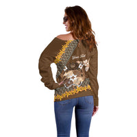 Personalised Tonga Language Week Off Shoulder Sweater Malo e Lelei Tongan Ngatu Pattern - Brown LT14 - Polynesian Pride
