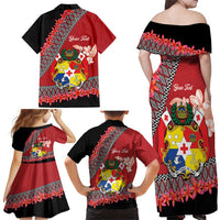 Personalised Tonga Language Week Family Matching Off Shoulder Maxi Dress and Hawaiian Shirt Malo e Lelei Tongan Ngatu Pattern - Red LT14 - Polynesian Pride