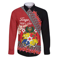 Personalised Tonga Language Week Family Matching Off Shoulder Maxi Dress and Hawaiian Shirt Malo e Lelei Tongan Ngatu Pattern - Red LT14 Dad's Shirt - Long Sleeve Red - Polynesian Pride