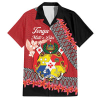 Personalised Tonga Language Week Family Matching Off Shoulder Short Dress and Hawaiian Shirt Malo e Lelei Tongan Ngatu Pattern - Red LT14 Dad's Shirt - Short Sleeve Red - Polynesian Pride