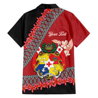 Personalised Tonga Language Week Family Matching Off Shoulder Short Dress and Hawaiian Shirt Malo e Lelei Tongan Ngatu Pattern - Red LT14 - Polynesian Pride