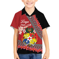 Personalised Tonga Language Week Family Matching Off Shoulder Short Dress and Hawaiian Shirt Malo e Lelei Tongan Ngatu Pattern - Red LT14 Son's Shirt Red - Polynesian Pride
