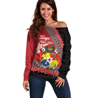 Personalised Tonga Language Week Off Shoulder Sweater Malo e Lelei Tongan Ngatu Pattern - Red LT14 Women Red - Polynesian Pride