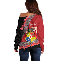 Personalised Tonga Language Week Off Shoulder Sweater Malo e Lelei Tongan Ngatu Pattern - Red LT14 - Polynesian Pride