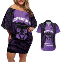 Personalised New Zealand Suffrage Day Couples Matching Off Shoulder Short Dress and Hawaiian Shirt Maori Tattoo Galaxy Vibe - Polynesian Pride