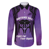 Personalised New Zealand Suffrage Day Family Matching Tank Maxi Dress and Hawaiian Shirt Maori Tattoo Galaxy Vibe LT14 Dad's Shirt - Long Sleeve Purple - Polynesian Pride