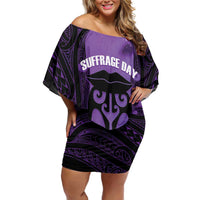 Personalised New Zealand Suffrage Day Off Shoulder Short Dress Maori Tattoo Galaxy Vibe LT14 Women Purple - Polynesian Pride
