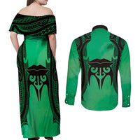 Personalised Moko Kauae New Zealand Couples Matching Off Shoulder Maxi Dress and Long Sleeve Button Shirt Maori Chin Tattoo Green LT14 - Polynesian Pride
