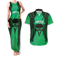 Personalised Moko Kauae New Zealand Couples Matching Tank Maxi Dress and Hawaiian Shirt Maori Chin Tattoo Green LT14 Green - Polynesian Pride