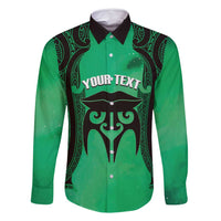 Personalised Moko Kauae New Zealand Family Matching Mermaid Dress and Hawaiian Shirt Maori Chin Tattoo Green LT14 Dad's Shirt - Long Sleeve Green - Polynesian Pride