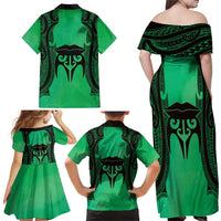 Personalised Moko Kauae New Zealand Family Matching Off Shoulder Maxi Dress and Hawaiian Shirt Maori Chin Tattoo Green - Polynesian Pride