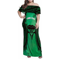 Personalised Moko Kauae New Zealand Family Matching Off Shoulder Maxi Dress and Hawaiian Shirt Maori Chin Tattoo Green - Polynesian Pride