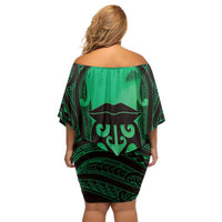 Personalised Moko Kauae New Zealand Family Matching Off Shoulder Short Dress and Hawaiian Shirt Maori Chin Tattoo Green LT14 - Polynesian Pride