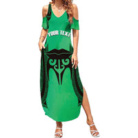 Personalised Moko Kauae New Zealand Family Matching Summer Maxi Dress and Hawaiian Shirt Maori Chin Tattoo Green LT14 Mom's Dress Green - Polynesian Pride