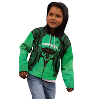 Personalised Moko Kauae New Zealand Kid Hoodie Maori Chin Tattoo Green - Polynesian Pride