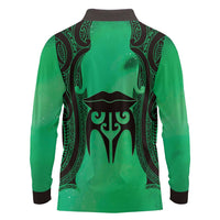 Personalised Moko Kauae New Zealand Long Sleeve Polo Shirt Maori Chin Tattoo Green - Polynesian Pride