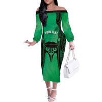 Personalised Moko Kauae New Zealand Off The Shoulder Long Sleeve Dress Maori Chin Tattoo Green - Polynesian Pride