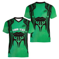 Personalised Moko Kauae New Zealand Women V-Neck T-Shirt Maori Chin Tattoo Green LT14 - Polynesian Pride