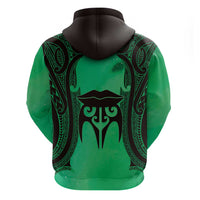 Personalised Moko Kauae New Zealand Zip Hoodie Maori Chin Tattoo Green - Polynesian Pride