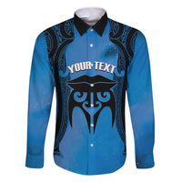 Personalised Moko Kauae New Zealand Family Matching Off Shoulder Maxi Dress and Hawaiian Shirt Maori Chin Tattoo Blue - Polynesian Pride