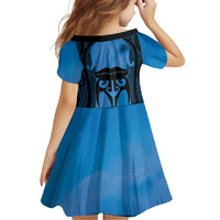 Personalised Moko Kauae New Zealand Family Matching Short Sleeve Bodycon Dress and Hawaiian Shirt Maori Chin Tattoo Blue LT14 - Polynesian Pride