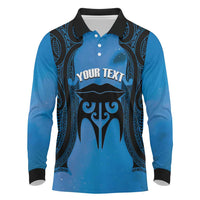 Personalised Moko Kauae New Zealand Long Sleeve Polo Shirt Maori Chin Tattoo Blue - Polynesian Pride