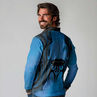 Personalised Moko Kauae New Zealand Long Sleeve Polo Shirt Maori Chin Tattoo Blue - Polynesian Pride