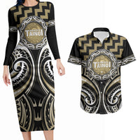 Aotearoa Waikato Tainui Personalised Couples Matching Long Sleeve Bodycon Dress and Hawaiian Shirt Maori Iwi Poutama Puhoro Tattoo LT14 Old Yellow - Polynesian Pride