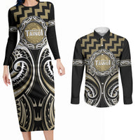 Aotearoa Waikato Tainui Personalised Couples Matching Long Sleeve Bodycon Dress and Long Sleeve Button Shirt Maori Iwi Poutama Puhoro Tattoo LT14 Old Yellow - Polynesian Pride