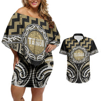 Aotearoa Waikato Tainui Personalised Couples Matching Off Shoulder Short Dress and Hawaiian Shirt Maori Iwi Poutama Puhoro Tattoo LT14 Old Yellow - Polynesian Pride