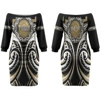 Aotearoa Waikato Tainui Personalised Family Matching Off The Shoulder Long Sleeve Dress and Hawaiian Shirt Maori Iwi Poutama Puhoro Tattoo LT14 Mom's Dress Old Yellow - Polynesian Pride