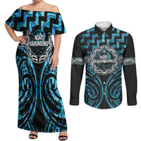 Aotearoa Ngati Kahungunu Personalised Couples Matching Off Shoulder Maxi Dress and Long Sleeve Button Shirt Maori Iwi Poutama Puhoro Tattoo LT14 Turquoise - Polynesian Pride
