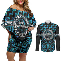 Aotearoa Ngati Kahungunu Personalised Couples Matching Off Shoulder Short Dress and Long Sleeve Button Shirt Maori Iwi Poutama Puhoro Tattoo LT14 Turquoise - Polynesian Pride