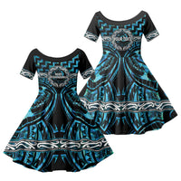 Aotearoa Ngati Kahungunu Personalised Family Matching Off Shoulder Short Dress and Hawaiian Shirt Maori Iwi Poutama Puhoro Tattoo LT14 Daughter's Dress Turquoise - Polynesian Pride