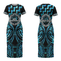 Aotearoa Ngati Kahungunu Personalised Family Matching Short Sleeve Bodycon Dress and Hawaiian Shirt Maori Iwi Poutama Puhoro Tattoo LT14 Mom's Dress Turquoise - Polynesian Pride