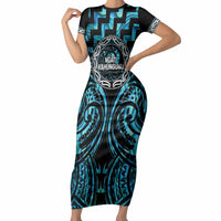Aotearoa Ngati Kahungunu Personalised Short Sleeve Bodycon Dress Maori Iwi Poutama Puhoro Tattoo LT14 Long Dress Turquoise - Polynesian Pride