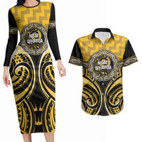 Aotearoa Ngati Whatua Personalised Couples Matching Long Sleeve Bodycon Dress and Hawaiian Shirt Maori Iwi Poutama Puhoro Tattoo LT14 Yellow - Polynesian Pride